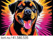 Bright drawing of a dog, rottweiler, on a T-shirt on a dark background. Satirical, pop art style, vibrant colors, iconic characters, action-packed, suitable for mascot or logo or reproduce on canvas. AI. Стоковое AI-изображение, AI-художник Sergey Grishin / Фотобанк Лори