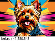Bright drawing of dog, yorkshire terrier, on T-shirt on dark background. Satirical, pop art style, vibrant colors, iconic characters, action-packed, suitable for mascot, logo or reproduce on canvas. AI. Стоковое AI-изображение, AI-художник Sergey Grishin / Фотобанк Лори