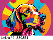 Bright drawing of dog, cocker spaniel, on T-shirt on dark background. Satirical, pop art style, vibrant colors, iconic characters, action-packed, suitable for mascot, logo or reproduce on canvas. AI. Стоковое AI-изображение, AI-художник Sergey Grishin / Фотобанк Лори