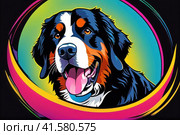 Bright drawing of dog, bernese mountain dog, on T-shirt on dark background. Satirical, pop art style, vibrant colors, iconic characters, action-packed, suitable for mascot, logo or reproduce on canvas. AI. Стоковое AI-изображение, AI-художник Sergey Grishin / Фотобанк Лори