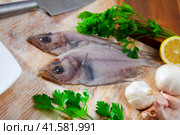 Fresh megrim sole flatfish on wooden board. Стоковое фото, фотограф Яков Филимонов / Фотобанк Лори