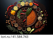 A scattering of beautiful oriental spices on a dark background in the form of a pattern. Generated by AI. Стоковое AI-изображение, AI-художник Ярославский Максим / Фотобанк Лори