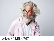 Portrait of an elderly man with a large gray beard and lush hair on his head with a thoughtful look. White background. Generated by AI. Стоковое AI-изображение, AI-художник Ярославский Максим / Фотобанк Лори