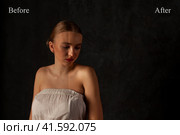Portrait of before after retouch processing in photo editor, comparison clean skin teen girl posing at shadow. Lovely teenager model before and after retouch. Edited photo compared. Copy ad text space. Стоковое фото, фотограф Aleksandr Golubev / Фотобанк Лори