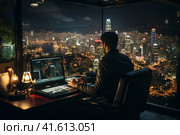 Tired businessman sitting at the computer at night, darkly lit modern luxury office overlooking the city at night,  Generative AI. Стоковое AI-изображение, AI-художник Анна Кривицкая / Фотобанк Лори