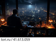 Tired businessman sitting at the computer at night, darkly lit modern luxury office overlooking the city at night,  Generative AI. Стоковое AI-изображение, AI-художник Анна Кривицкая / Фотобанк Лори