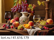 On a wooden table there is a glass of wine, bunches of grapes, peaches. Still life. Стоковое AI-изображение, AI-художник Сергей Елизарьев / Фотобанк Лори