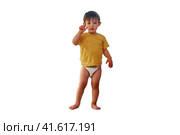 Baby is standing on the window sill, gazing out at the sky and risking a life-changing accident, isolated on white background. Kid aged two years. Стоковое фото, фотограф Андрей Журавлев / Фотобанк Лори