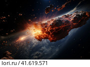 Comet, asteroid, big cosmic explosion in space,  Generative AI. Стоковое AI-изображение, AI-художник Анна Кривицкая / Фотобанк Лори