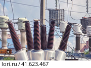 Power transformers in an electrical substation, close-up. Стоковое фото, фотограф Андрей Журавлев / Фотобанк Лори