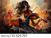 Girl in a dress with a violin on a colorful background,  Generative AI. Стоковое AI-изображение, AI-художник Анна Кривицкая / Фотобанк Лори