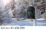 Mailbox with a Christmas greeting card on the background of a winter forest. Стоковое видео, видеограф Олег Грач / Фотобанк Лори