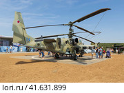 Волгоградская область, Средняя Ахтуба, Россия. Боевой ударный вертолёт КА-52, люди интересуются военной техникой. (2021 год). Редакционное фото, фотограф Андрей Цыганков / Фотобанк Лори