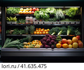 A large refrigerator shelf filled with fresh vegetables and fruits. T Generated by AI. Стоковое AI-изображение, AI-художник Ярославский Максим / Фотобанк Лори