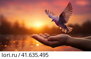 An outstretched man's hand and a dove flying up to it. Shooting at sunset. Generated by AI. Стоковое AI-изображение, AI-художник Ярославский Максим / Фотобанк Лори