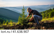 Environmental volunteers plant seedlings of spruce trees on the slopes of the mountains. Generated by AI. Стоковое AI-изображение, AI-художник Ярославский Максим / Фотобанк Лори