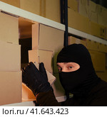 Thief in a black ski mask steals a box with a parcel in a warehouse at night. Concept of security problems in warehouses and stores. Стоковое фото, фотограф Андрей Журавлев / Фотобанк Лори
