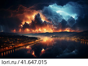 Strongest thunderstorm over a modern city. Lots of lightning in the sky,  Generative AI. Стоковое AI-изображение, AI-художник Анна Кривицкая / Фотобанк Лори