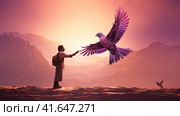 A man and a pigeon in flight against the background of the setting sun.Generated by AI. Стоковое AI-изображение, AI-художник Ярославский Максим / Фотобанк Лори