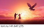 A man and a pigeon in flight against the background of the setting sun.Generated by AI. Стоковое AI-изображение, AI-художник Ярославский Максим / Фотобанк Лори