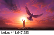 A man and a pigeon in flight against the background of the setting sun.Generated by AI. Стоковое AI-изображение, AI-художник Ярославский Максим / Фотобанк Лори
