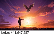 A man and a pigeon in flight against the background of the setting sun.Generated by AI. Стоковое AI-изображение, AI-художник Ярославский Максим / Фотобанк Лори