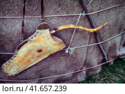 Quiver with bow hanging on a temporary dwelling of the nomadic tribe. Nomad weapons for hunting and war. Yurt hunters indigenous peoples of the North. Стоковое фото, фотограф Андрей Журавлев / Фотобанк Лори