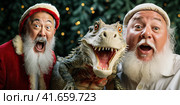 A cheerful Santa and two dragons look into the camera and laugh. Chinese New Year. Generated by AI. Стоковое AI-изображение, AI-художник Ярославский Максим / Фотобанк Лори