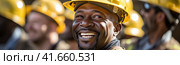 A confident and smiling staff of factory workers, engineers, managers and foremen stands on the territory of the heavy industry production plant. Generated by AI. Стоковое AI-изображение, AI-художник Ярославский Максим / Фотобанк Лори