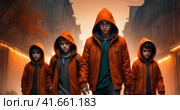 Teenage Boy Outdoors At High School Being Teased Or Bullied. Aggressive teenage street gangs or groups. AI. Стоковое AI-изображение, AI-художник Sergey Grishin / Фотобанк Лори