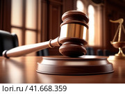 Legal law concept image, court gavel, law and authority concept. The gavel of a judge or decision-maker. A picture of a hammer for finalizing the decision in courtroom. AI. Стоковое AI-изображение, AI-художник Sergey Grishin / Фотобанк Лори