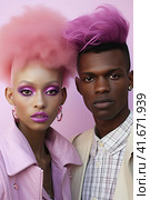 An African young couple in pink suits with an unusual hairstyle look at the camera. Generated by AI. Стоковое AI-изображение, AI-художник Ярославский Максим / Фотобанк Лори