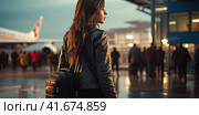 A girl in winter clothes is waiting for a flight at the airport. Generated by AI. Стоковое AI-изображение, AI-художник Ярославский Максим / Фотобанк Лори