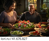 A smiling middle-aged African-American man celebrating Thanksgiving at the dinner table. Family, food, unity, culture and the concept of a holiday. Generated by AI. Стоковое AI-изображение, AI-художник Ярославский Максим / Фотобанк Лори