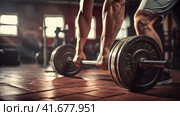 Muscular male arms and barbell bar. Стоковое AI-изображение, AI-художник Кирилл Черезов / Фотобанк Лори