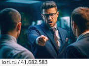 Indignant angry manager expresses his displeasure to colleagues during an office meeting. Стоковое AI-изображение, AI-художник Юрий Поздников / Фотобанк Лори