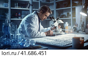 A microbiologist conducts research. Стоковое AI-изображение, AI-художник Кирилл Черезов / Фотобанк Лори