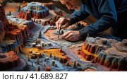 Geographer exploring the terrain on the model. Стоковое AI-изображение, AI-художник Кирилл Черезов / Фотобанк Лори