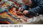 Geographer exploring the terrain on the model. Стоковое AI-изображение, AI-художник Кирилл Черезов / Фотобанк Лори
