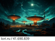 Silhouettes of satellite dishes or radio antennas against the night sky. Space observatory. ,    Generative AI. Стоковое AI-изображение, AI-художник Анна Кривицкая / Фотобанк Лори
