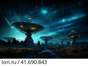 Silhouettes of satellite dishes or radio antennas against the night sky. Space observatory. ,    Generative AI. Стоковое AI-изображение, AI-художник Анна Кривицкая / Фотобанк Лори
