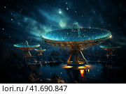 Silhouettes of satellite dishes or radio antennas against the night sky. Space observatory. ,    Generative AI. Стоковое AI-изображение, AI-художник Анна Кривицкая / Фотобанк Лори