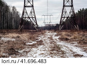 Landscape with power pylons of a power Line in the cleared area of the forest. High voltage power lines above frost field and cloudy morning sky. Стоковое фото, фотограф Константин Григорьев / Фотобанк Лори