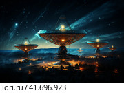 Silhouettes of satellite dishes or radio antennas against the night sky. Space observatory. ,    Generative AI. Стоковое AI-изображение, AI-художник Анна Кривицкая / Фотобанк Лори