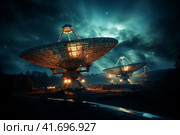 Silhouettes of satellite dishes or radio antennas against the night sky. Space observatory. ,    Generative AI. Стоковое AI-изображение, AI-художник Анна Кривицкая / Фотобанк Лори