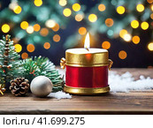 Новогодние свечи, елочные игрушки, натюрморт. Праздничная атмосфера Нового года, размытый фон цветных огоньков. Стоковое AI-изображение, AI-художник Сергей Елизарьев / Фотобанк Лори
