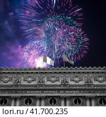 Fireworks over the Opera Garnier (Garnier Palace), Paris, France. Translation: national Academy of Music. UNESCO World Heritage Site (2014 год). Стоковое фото, фотограф Владимир Журавлев / Фотобанк Лори