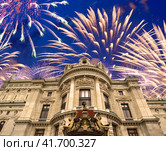 Fireworks over the Opera Garnier (Garnier Palace), Paris, France. Translation: national Academy of Music. UNESCO World Heritage Site (2014 год). Стоковое фото, фотограф Владимир Журавлев / Фотобанк Лори