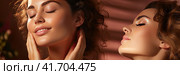 Two young cute girls examine their face after a massage in the mirror. The concept of youth and beauty. Generated by AI. Стоковое AI-изображение, AI-художник Ярославский Максим / Фотобанк Лори