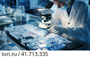 Microbiologist scientist looking through a microscope. Стоковое AI-изображение, AI-художник Кирилл Черезов / Фотобанк Лори